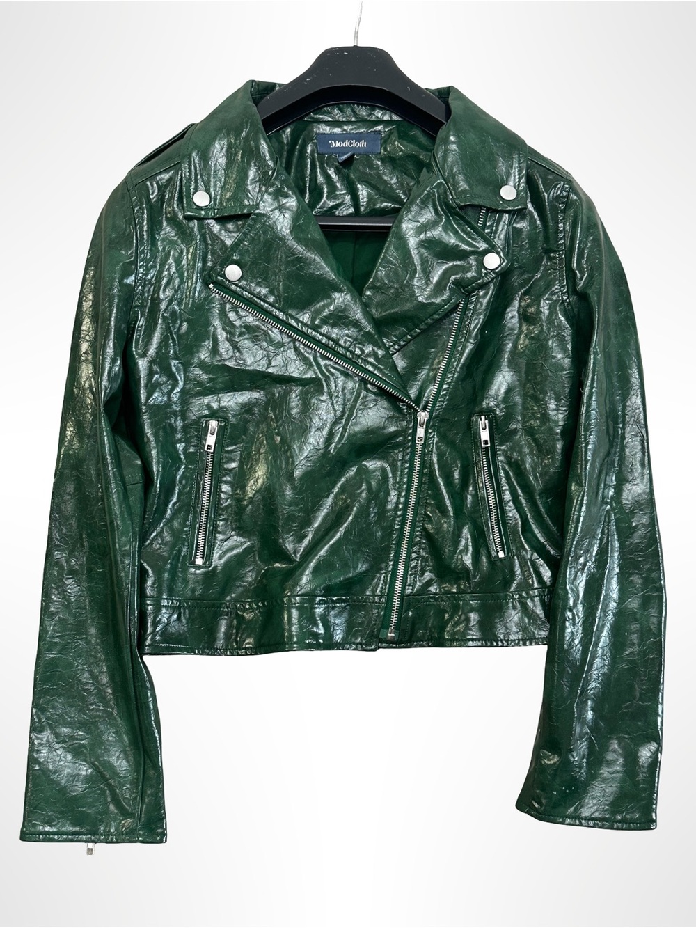 ModCloth Dark Green Patent Faux Leather Moto Biker Jacket Size M